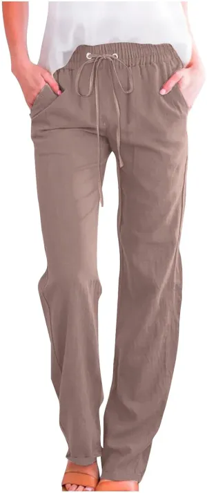 Womens Casual Cotton Linen Pants 2025 Fashion Drawstring Trouser Summer Loose Fit Straight Leg Pant Soft Lounge Pants
