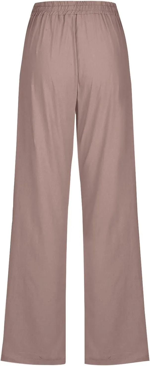 Womens Casual Cotton Linen Pants 2025 Fashion Drawstring Trouser Summer Loose Fit Straight Leg Pant Soft Lounge Pants