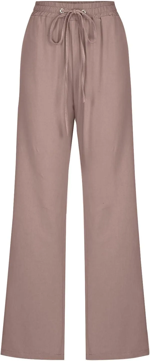 Womens Casual Cotton Linen Pants 2025 Fashion Drawstring Trouser Summer Loose Fit Straight Leg Pant Soft Lounge Pants