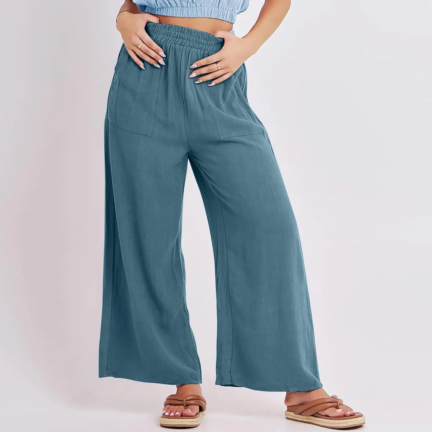 Womens Casual Linen Pants, Lightweight Elastic Waist Palazzo Trousers Baggy Wide Leg Summer Beach Slack with Pockets