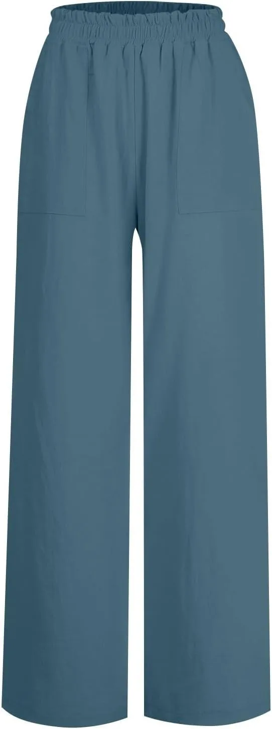 Womens Casual Linen Pants, Lightweight Elastic Waist Palazzo Trousers Baggy Wide Leg Summer Beach Slack with Pockets