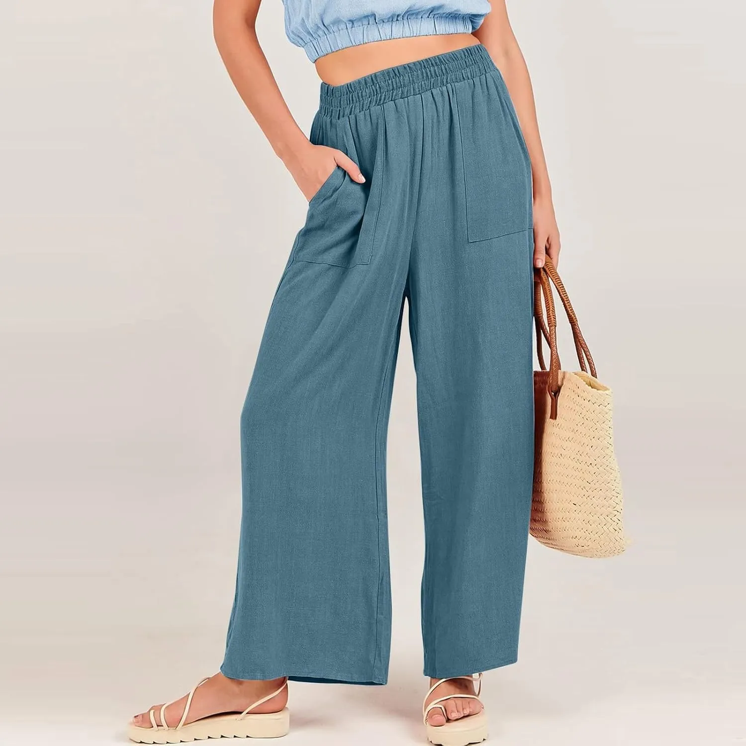 Womens Casual Linen Pants, Lightweight Elastic Waist Palazzo Trousers Baggy Wide Leg Summer Beach Slack with Pockets