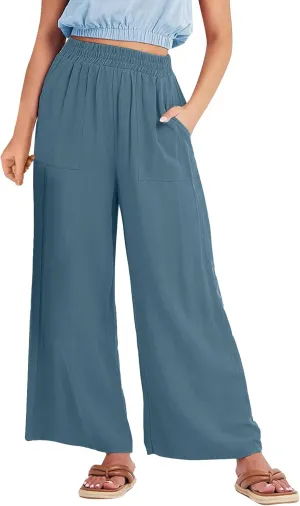 Womens Casual Linen Pants, Lightweight Elastic Waist Palazzo Trousers Baggy Wide Leg Summer Beach Slack with Pockets