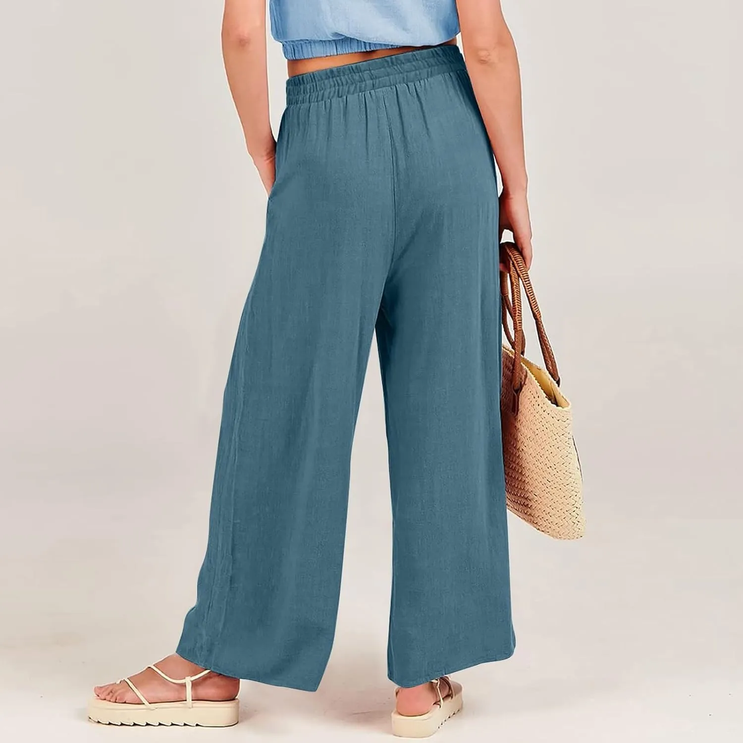 Womens Casual Linen Pants, Lightweight Elastic Waist Palazzo Trousers Baggy Wide Leg Summer Beach Slack with Pockets