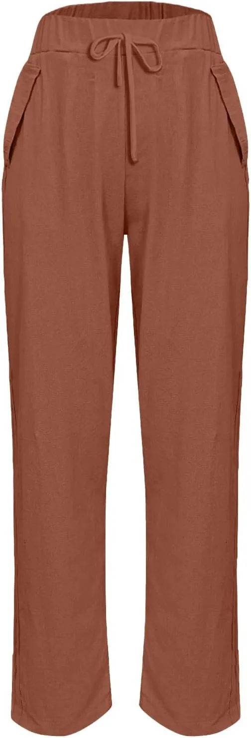 Women's Casual Linen Pants Striped Side Button Elastic Waist Trendy Pants Straight Leg Baggy Trousers with Pockets
