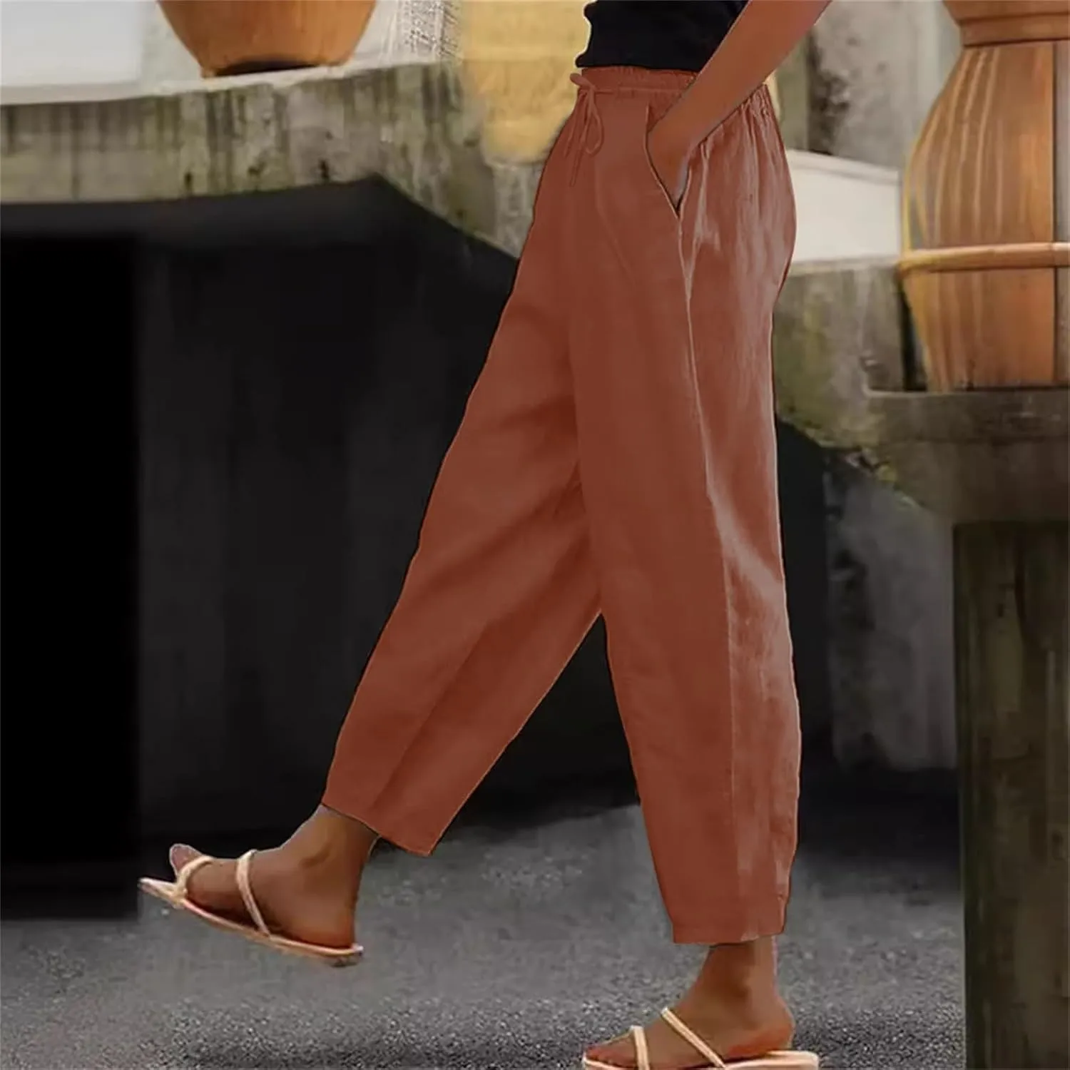 Women's Casual Linen Pants Striped Side Button Elastic Waist Trendy Pants Straight Leg Baggy Trousers with Pockets