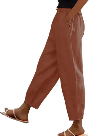 Women's Casual Linen Pants Striped Side Button Elastic Waist Trendy Pants Straight Leg Baggy Trousers with Pockets