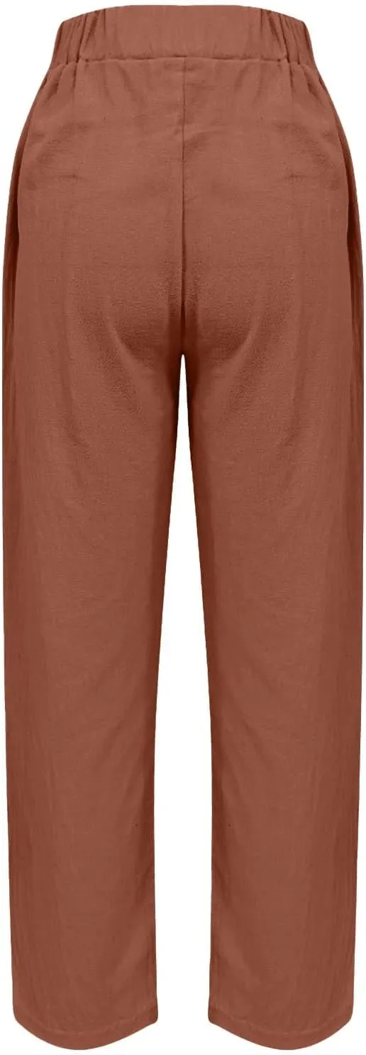Women's Casual Linen Pants Striped Side Button Elastic Waist Trendy Pants Straight Leg Baggy Trousers with Pockets