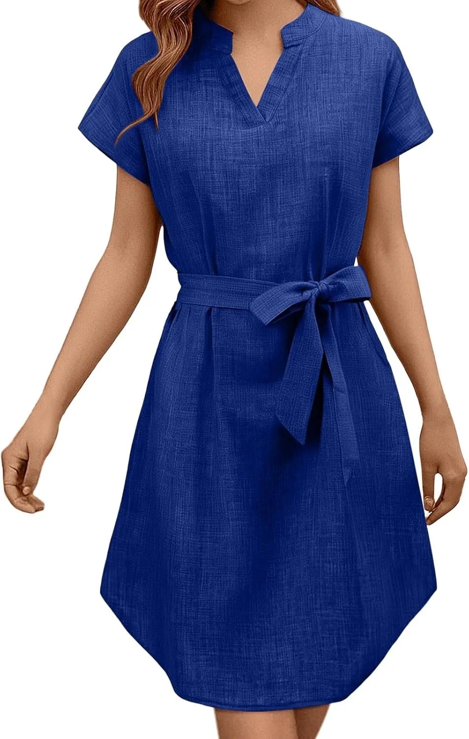 Womens Casual Mini Dresses Solid V Neck Short Sleeve Shirt Belted Dress Irregular Hem Sundress Spring Summer 2025