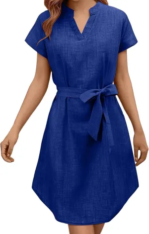 Womens Casual Mini Dresses Solid V Neck Short Sleeve Shirt Belted Dress Irregular Hem Sundress Spring Summer 2025