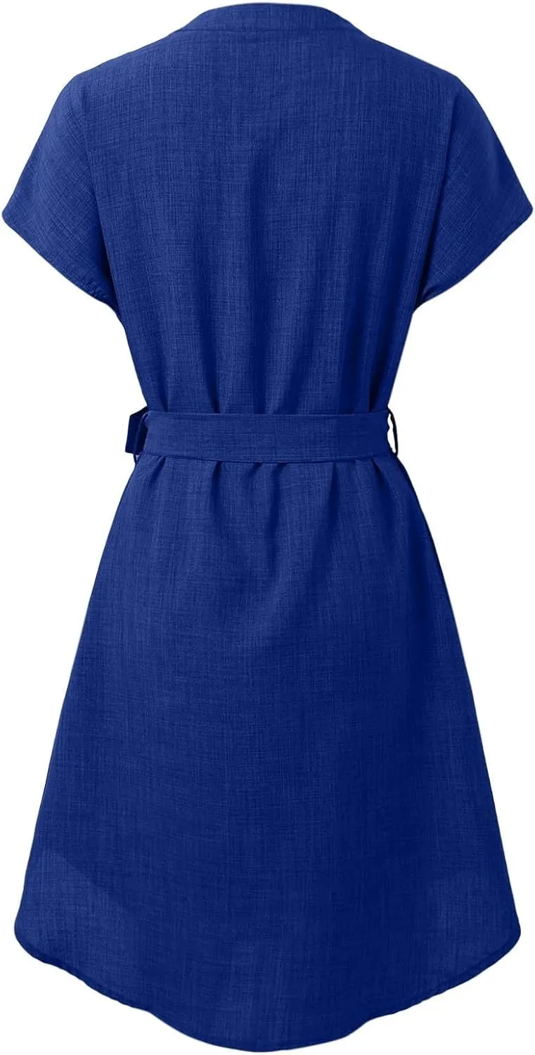 Womens Casual Mini Dresses Solid V Neck Short Sleeve Shirt Belted Dress Irregular Hem Sundress Spring Summer 2025
