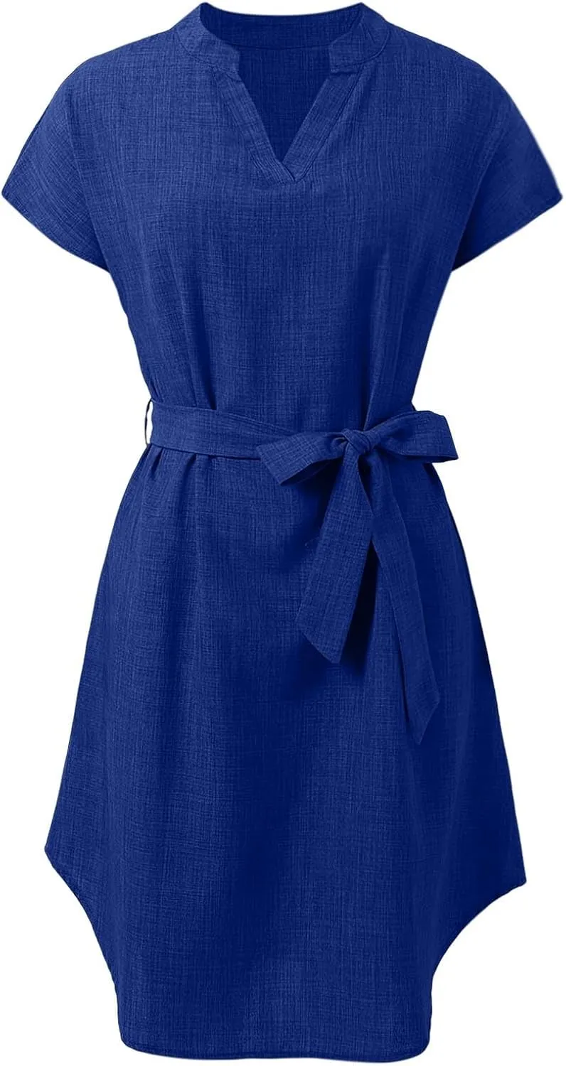Womens Casual Mini Dresses Solid V Neck Short Sleeve Shirt Belted Dress Irregular Hem Sundress Spring Summer 2025