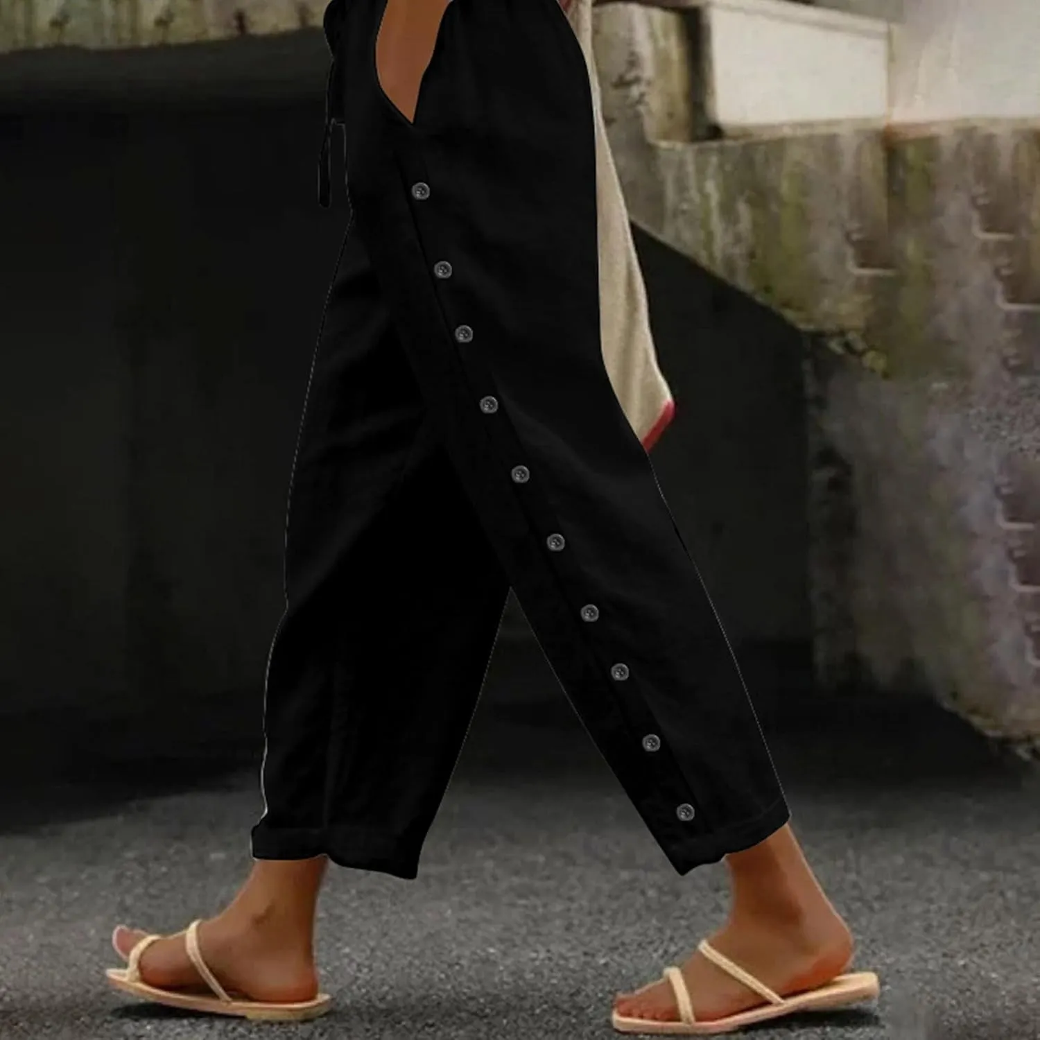 Womens Casual Pants Side Button Summer Trendy Linen Pant Drawstring Elastic Waist Straight Leg Baggy Cropped Trousers