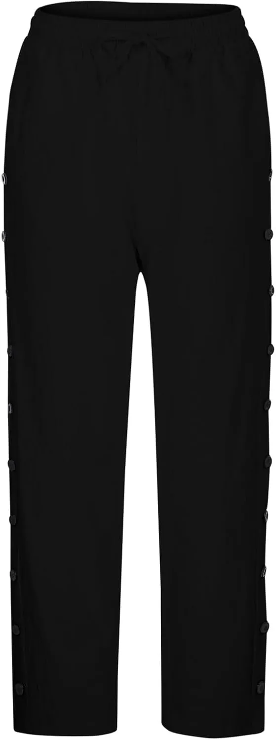 Womens Casual Pants Side Button Summer Trendy Linen Pant Drawstring Elastic Waist Straight Leg Baggy Cropped Trousers