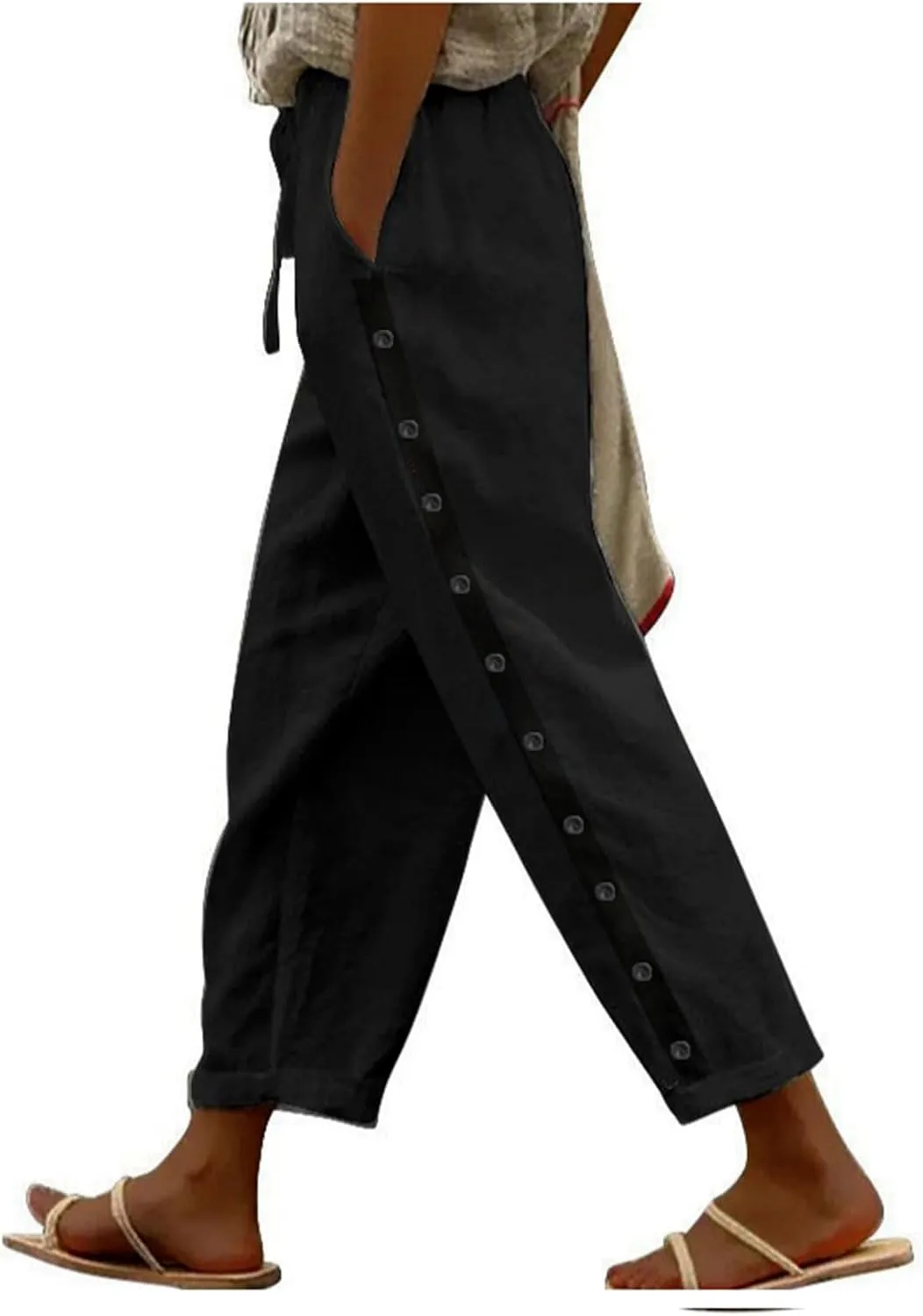 Womens Casual Pants Side Button Summer Trendy Linen Pant Drawstring Elastic Waist Straight Leg Baggy Cropped Trousers