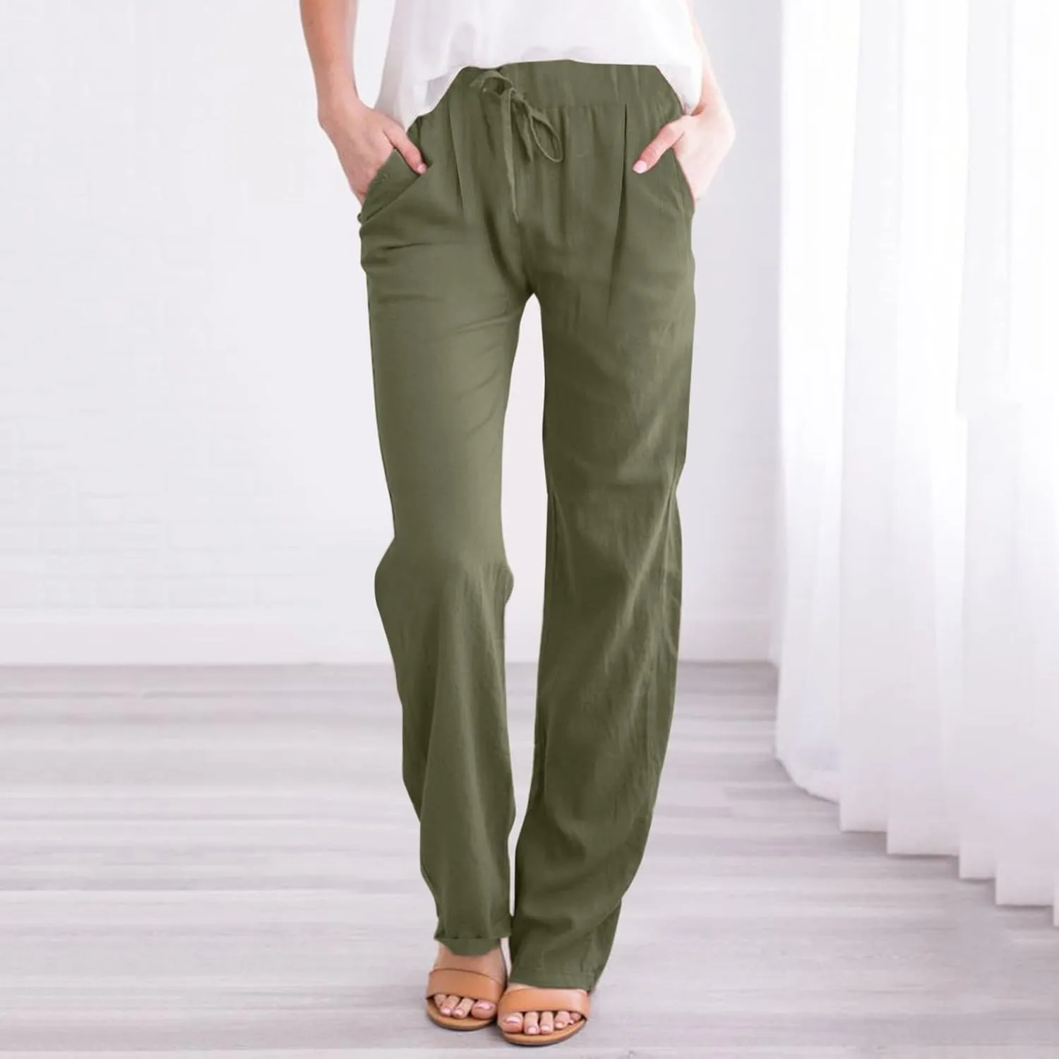 Women's Casual Pants Solid Cotton Drawstring Elastic High Waist Lightweight Joggers with Pockets 2025 Fit Summer