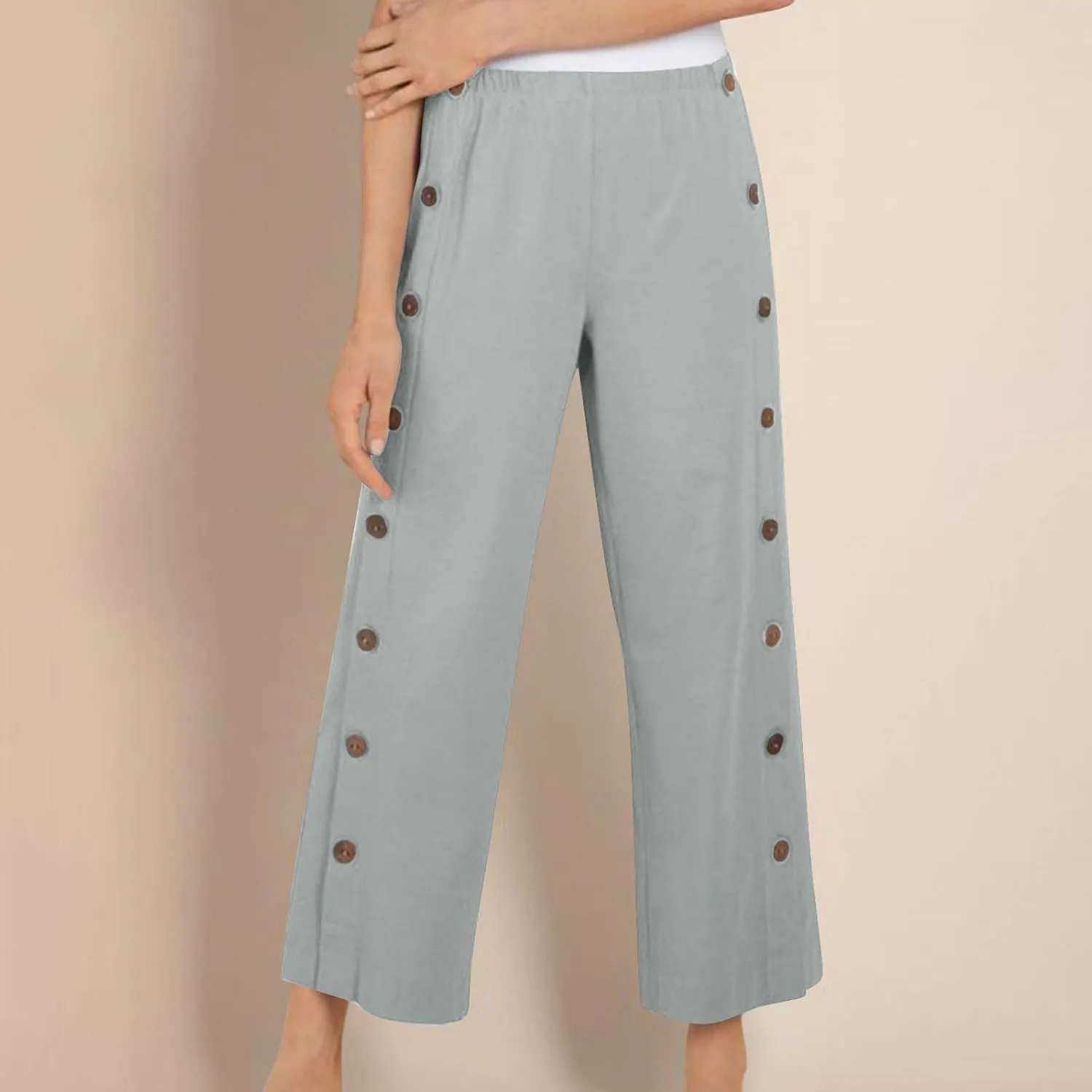 Womens Casual Straight Pants Loose Elastic Waist Capris Pant Summer Buttons Print Slacks Joggers Trousers with Pockets