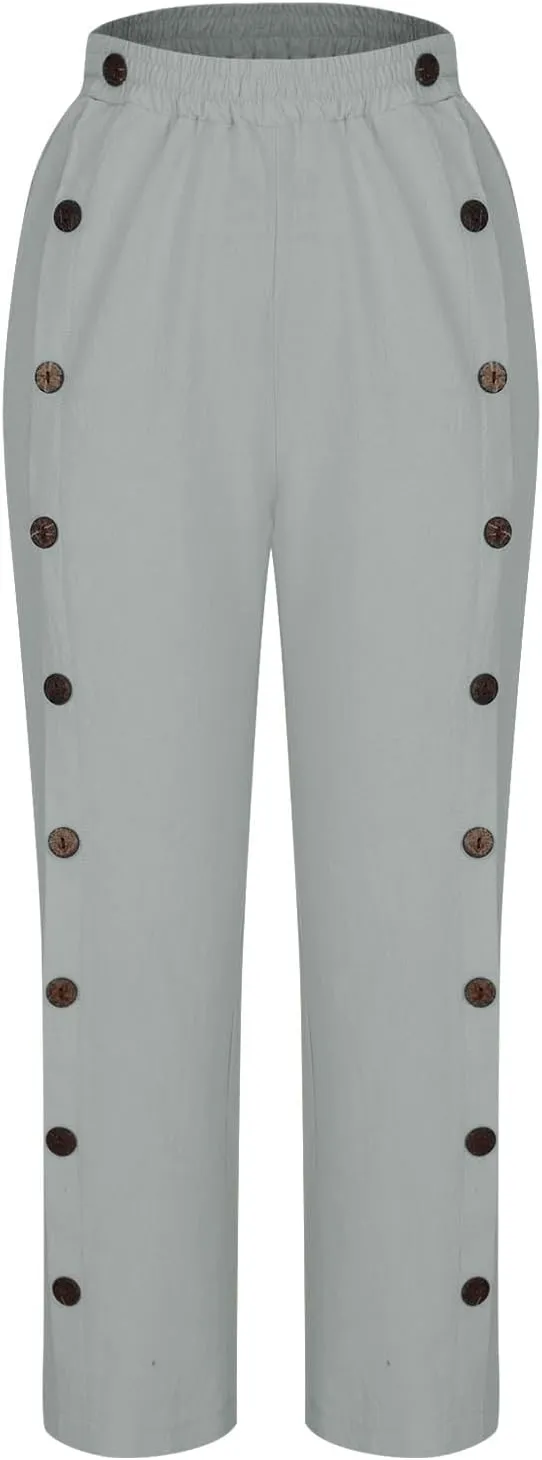Womens Casual Straight Pants Loose Elastic Waist Capris Pant Summer Buttons Print Slacks Joggers Trousers with Pockets