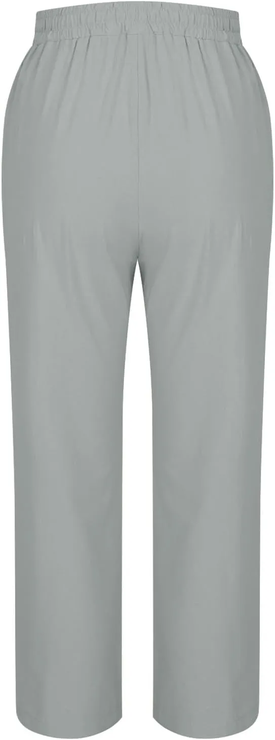 Womens Casual Straight Pants Loose Elastic Waist Capris Pant Summer Buttons Print Slacks Joggers Trousers with Pockets