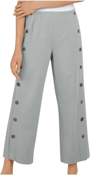 Womens Casual Straight Pants Loose Elastic Waist Capris Pant Summer Buttons Print Slacks Joggers Trousers with Pockets