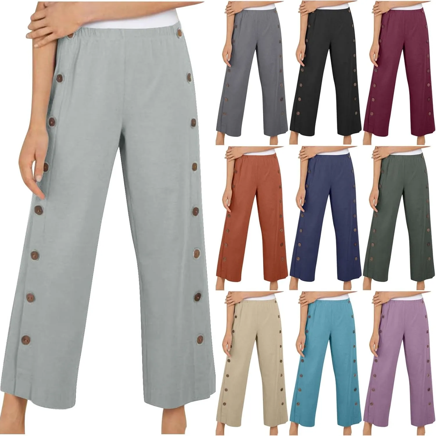 Womens Casual Straight Pants Loose Elastic Waist Capris Pant Summer Buttons Print Slacks Joggers Trousers with Pockets