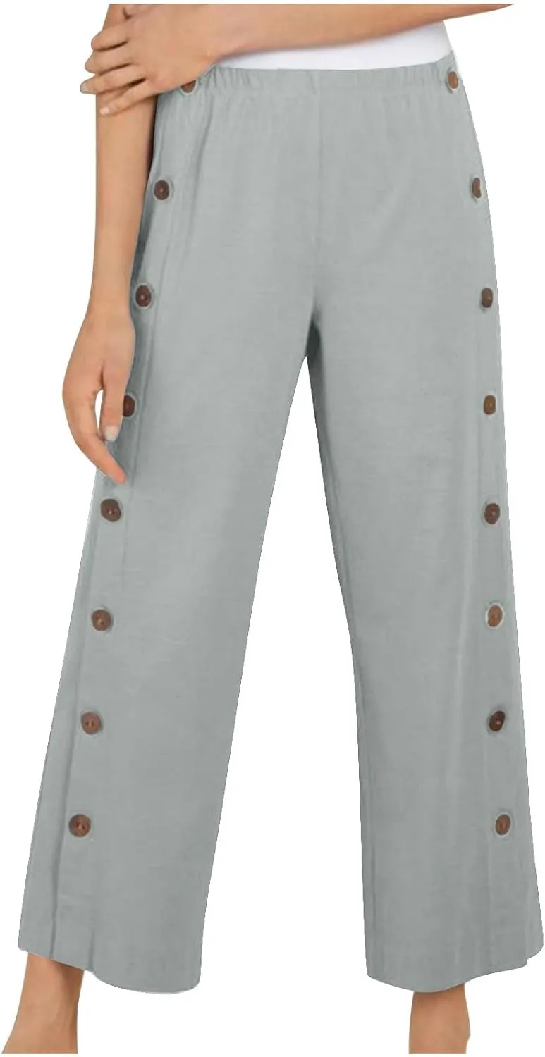 Womens Casual Straight Pants Loose Elastic Waist Capris Pant Summer Buttons Print Slacks Joggers Trousers with Pockets