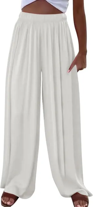Womens Casual Wide Leg Pants Pleated High Elastic Waist Flowy Loose Beach Palazzo Pants Baggy Work Trousers Summer