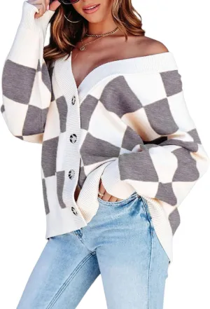 Womens Checkered Sweater Button Down Plaid V Neck Long Sleeve Cardigan Color Block Cable Knit Oversized Sweaters Tops