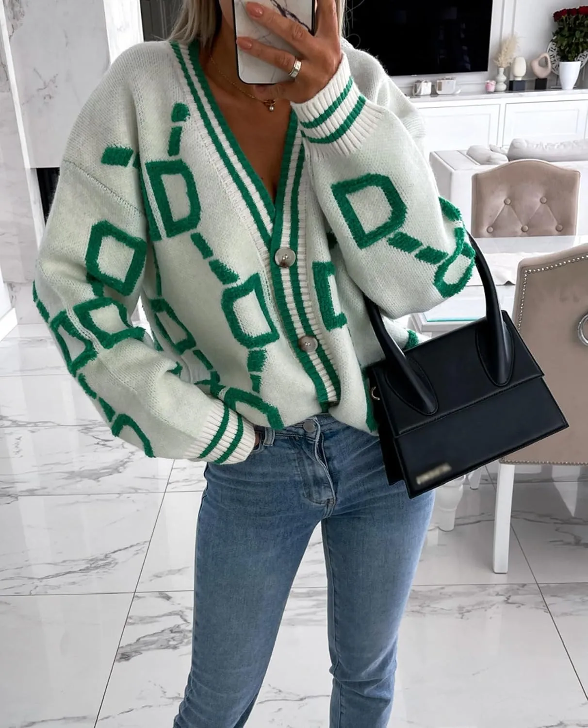 Women's Color Blocking V-Neck Fashionable Loose Sweater Cardigan Long Sleeve Geometric Oversized Knit Sweater Coat