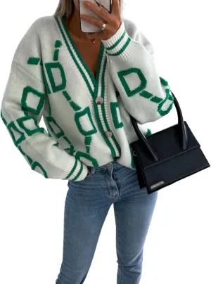 Women's Color Blocking V-Neck Fashionable Loose Sweater Cardigan Long Sleeve Geometric Oversized Knit Sweater Coat