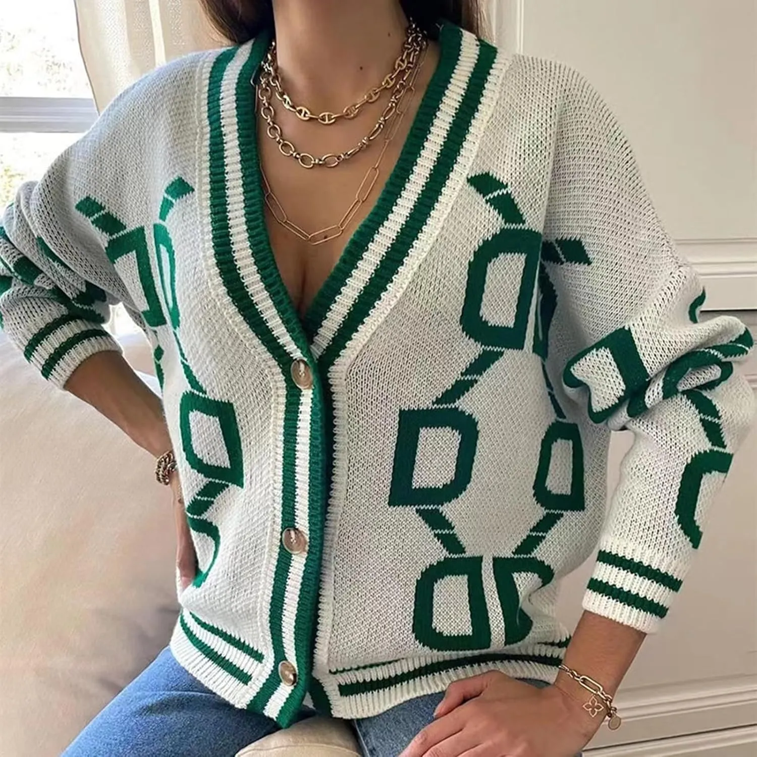 Women's Color Blocking V-Neck Fashionable Loose Sweater Cardigan Long Sleeve Geometric Oversized Knit Sweater Coat