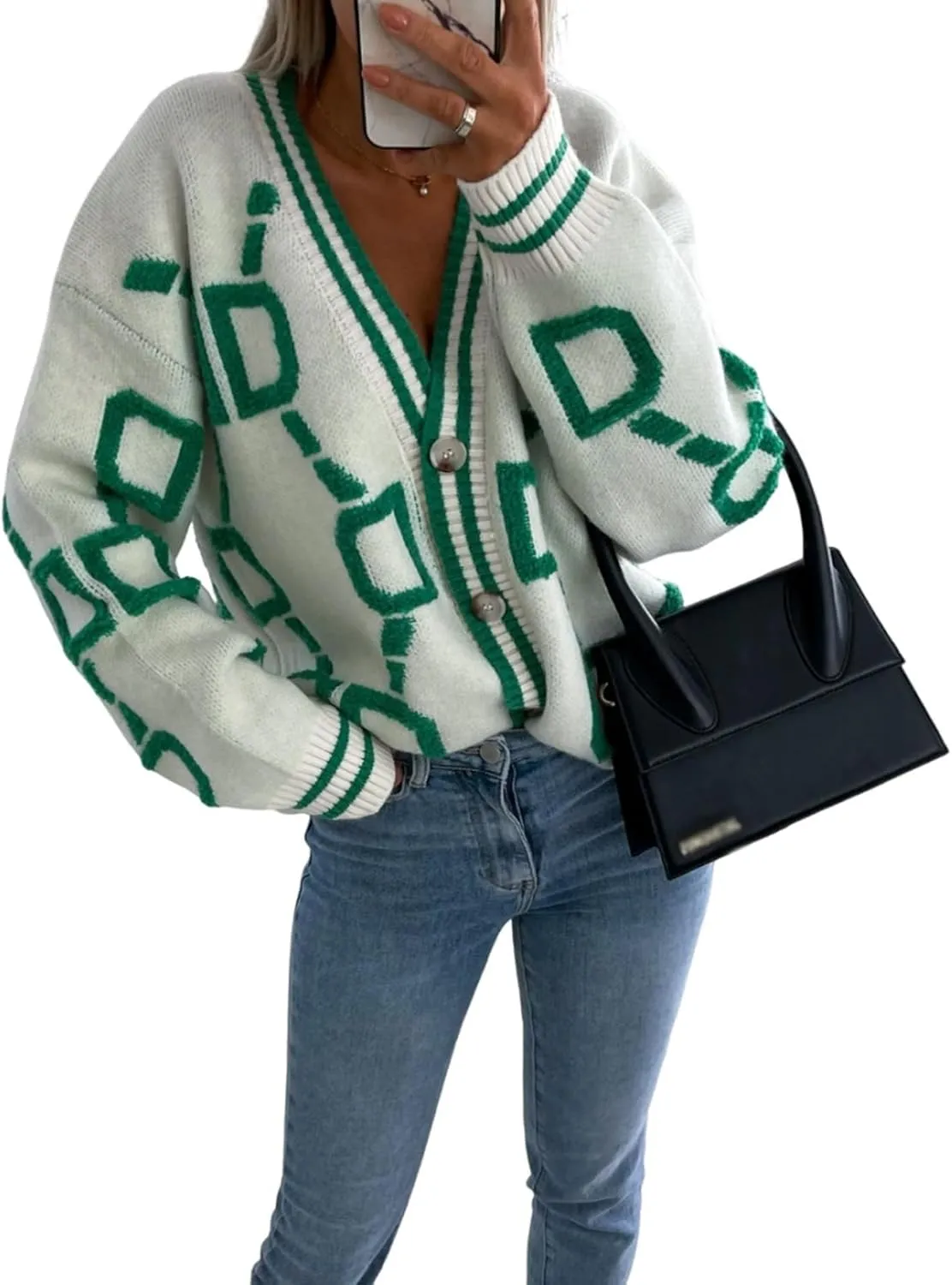 Women's Color Blocking V-Neck Fashionable Loose Sweater Cardigan Long Sleeve Geometric Oversized Knit Sweater Coat