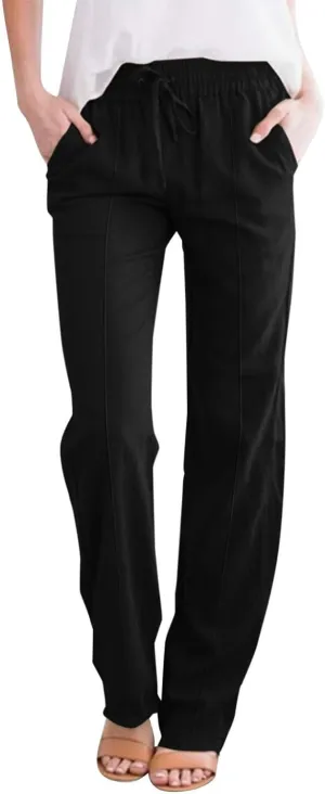 Womens Cotton Linen Baggy Wide Leg Pants Casual Drawstring Elastic Waisted Palazzo Harem Trousers with Pockets
