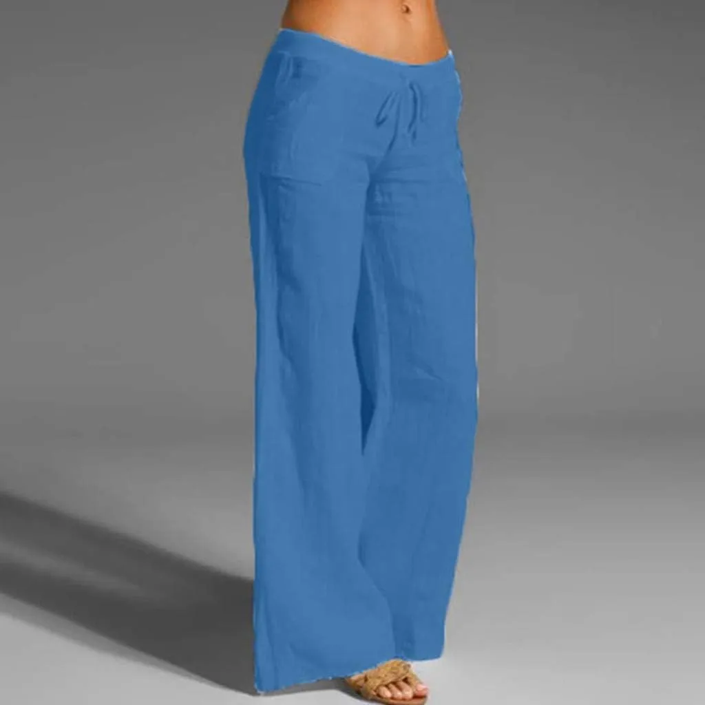 Womens Cotton Linen Palazzo Pants Summer Lightweight Drawstring Elastic Waist Casual Wide Leg Trousers with Pockets