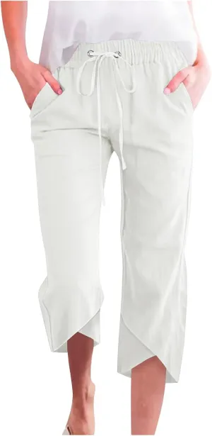 Womens Cotton Linen Pants Casual Summer Capris High Waisted Wide Leg Shorts Linen Cropped Pants Trousers with Pockets