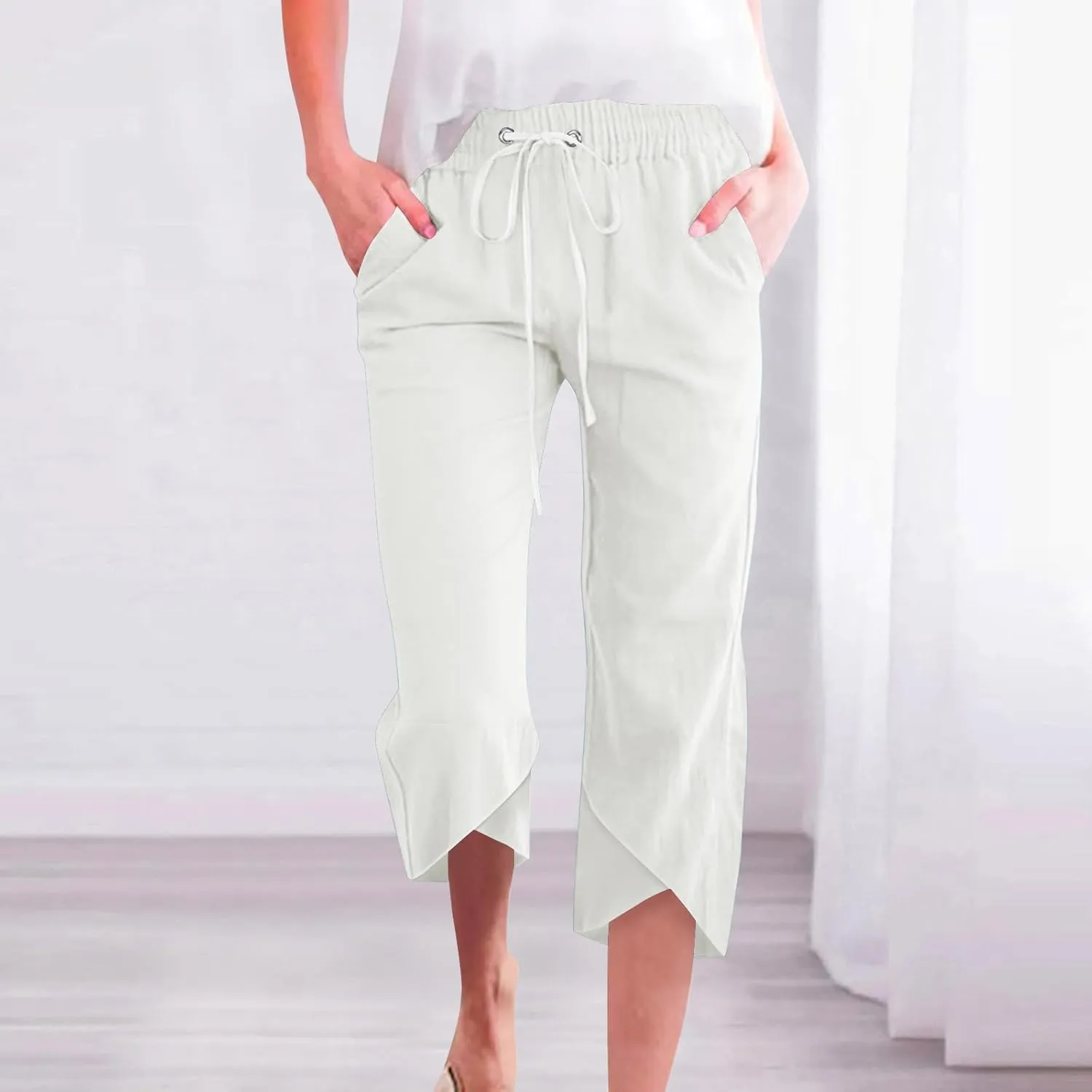 Womens Cotton Linen Pants Casual Summer Capris High Waisted Wide Leg Shorts Linen Cropped Pants Trousers with Pockets