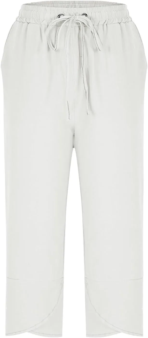 Womens Cotton Linen Pants Casual Summer Capris High Waisted Wide Leg Shorts Linen Cropped Pants Trousers with Pockets