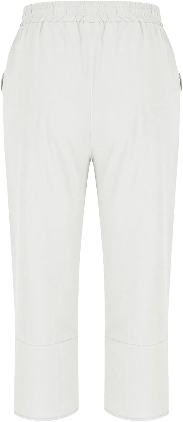 Womens Cotton Linen Pants Casual Summer Capris High Waisted Wide Leg Shorts Linen Cropped Pants Trousers with Pockets