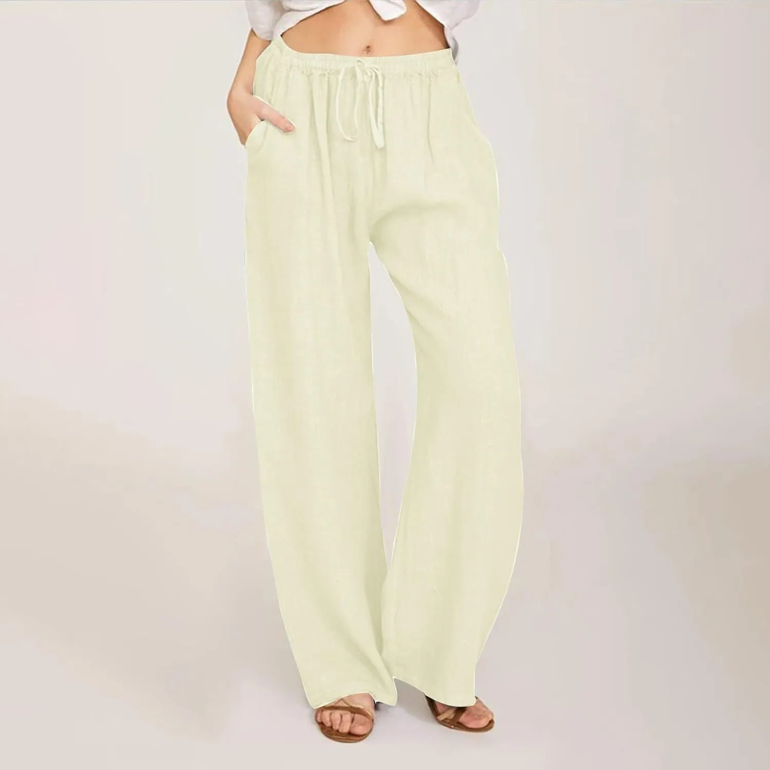 Women's Cotton Linen Pants Flowy Palazzo Pants Boho High Waist Wide Leg Trousers Summer Beach Vacation Outfits 2025