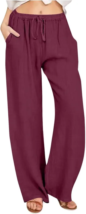 Women's Cotton Linen Pants Flowy Palazzo Pants Boho High Waist Wide Leg Trousers Summer Beach Vacation Outfits 2025