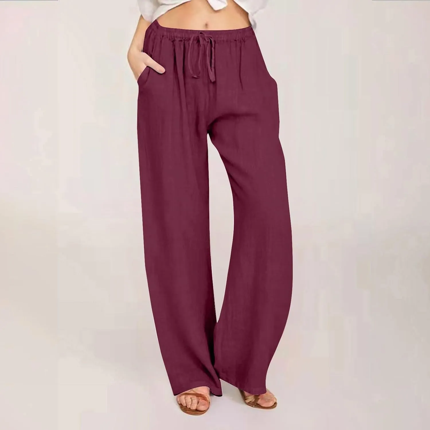 Women's Cotton Linen Pants Flowy Palazzo Pants Boho High Waist Wide Leg Trousers Summer Beach Vacation Outfits 2025