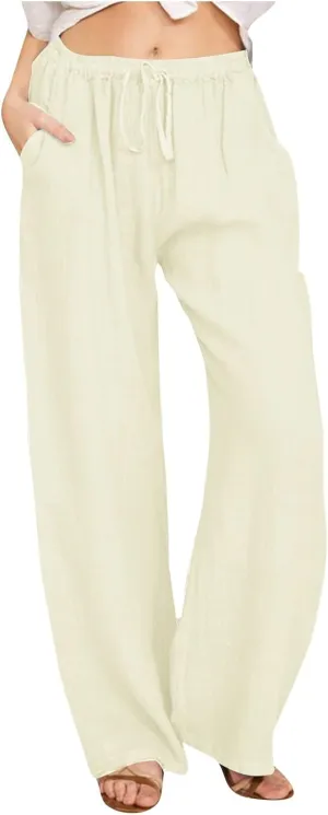 Women's Cotton Linen Pants Flowy Palazzo Pants Boho High Waist Wide Leg Trousers Summer Beach Vacation Outfits 2025