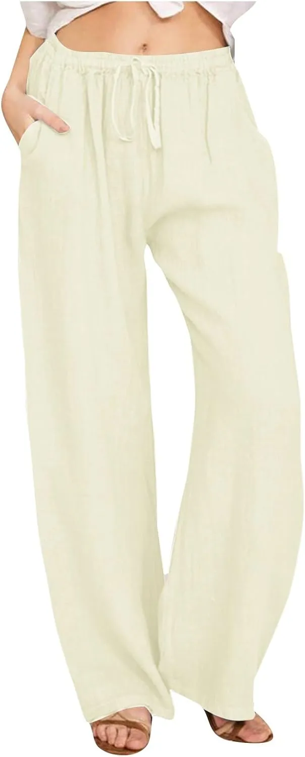 Women's Cotton Linen Pants Flowy Palazzo Pants Boho High Waist Wide Leg Trousers Summer Beach Vacation Outfits 2025