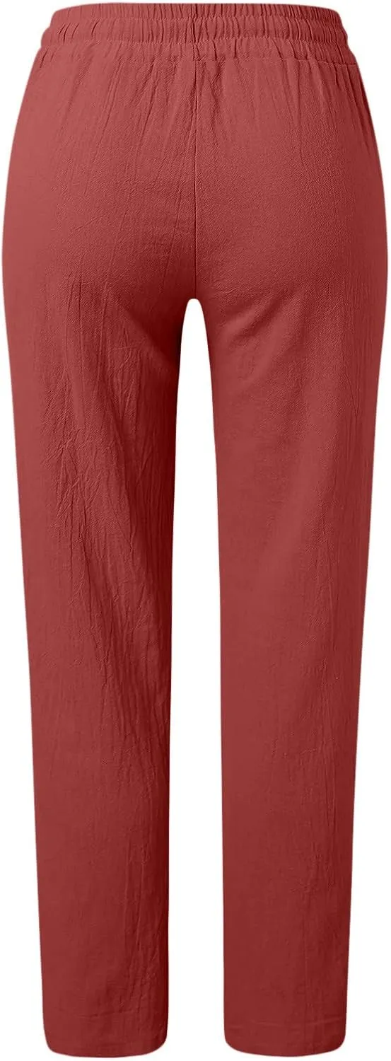 Women's Cotton Linen Pants Straight Leg Solid Lightweight Lounge Pant Casual Baggy Comfy Summer Trousers with Pockets