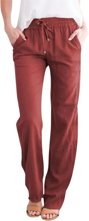 Women's Cotton Linen Pants Straight Leg Solid Lightweight Lounge Pant Casual Baggy Comfy Summer Trousers with Pockets
