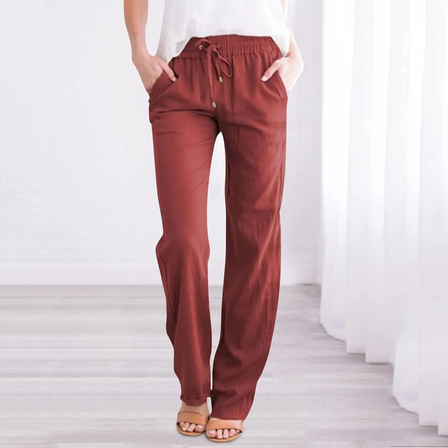 Women's Cotton Linen Pants Straight Leg Solid Lightweight Lounge Pant Casual Baggy Comfy Summer Trousers with Pockets