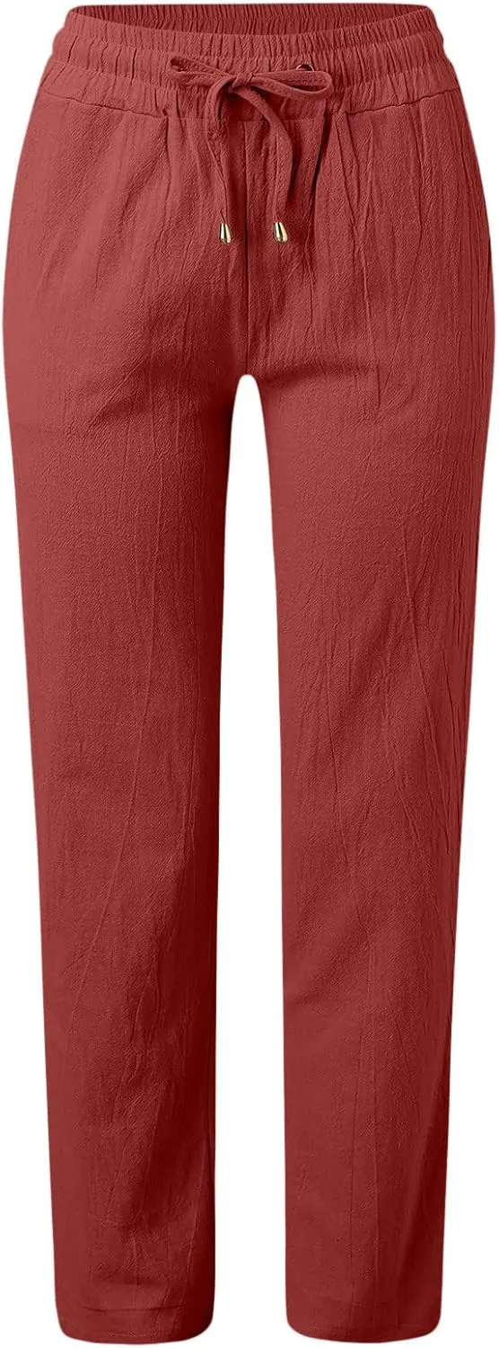 Women's Cotton Linen Pants Straight Leg Solid Lightweight Lounge Pant Casual Baggy Comfy Summer Trousers with Pockets