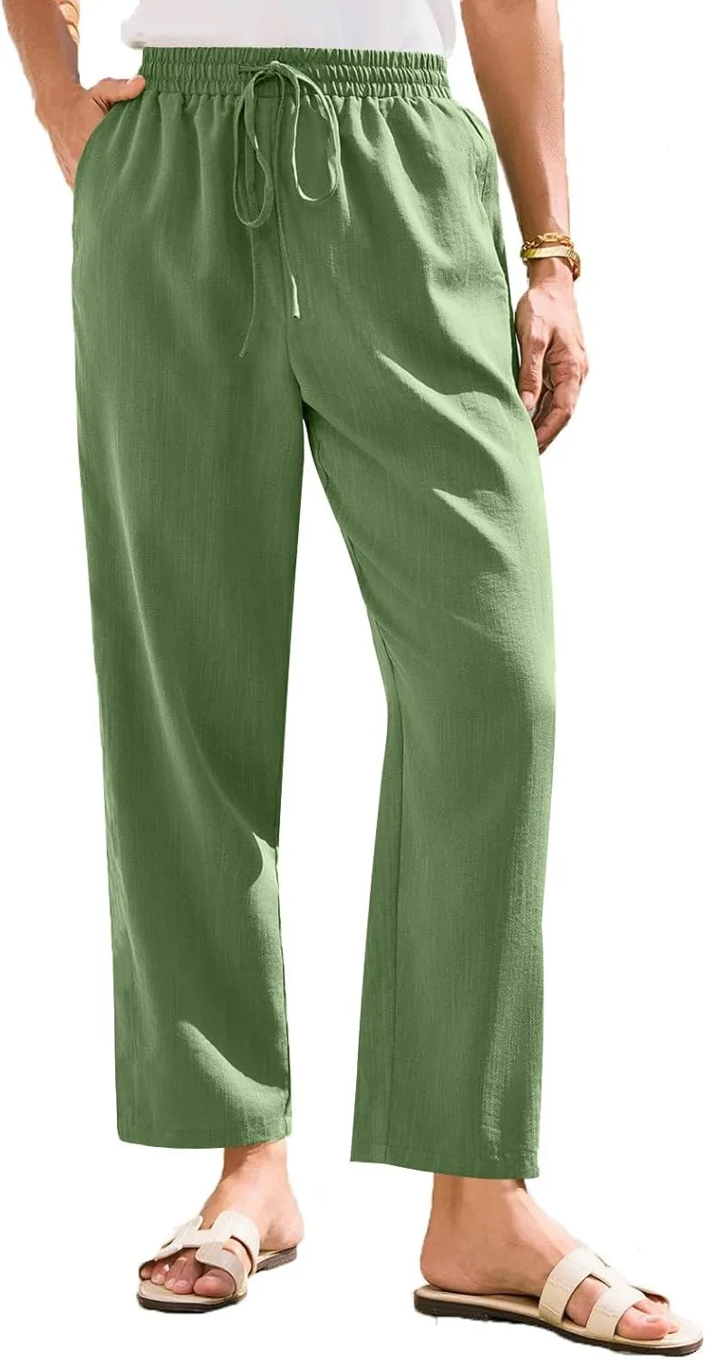 Women's Cotton Linen Straight Leg Pants Elastic Drawstring Casual Trousers with Pockets Summer Beach Lounge Pants