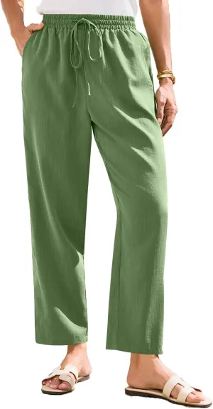 Women's Cotton Linen Straight Leg Pants Elastic Drawstring Casual Trousers with Pockets Summer Beach Lounge Pants