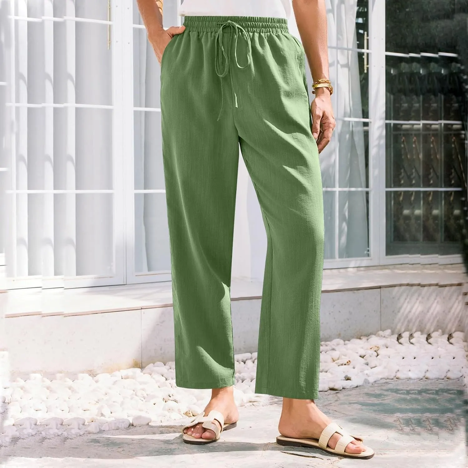 Women's Cotton Linen Straight Leg Pants Elastic Drawstring Casual Trousers with Pockets Summer Beach Lounge Pants